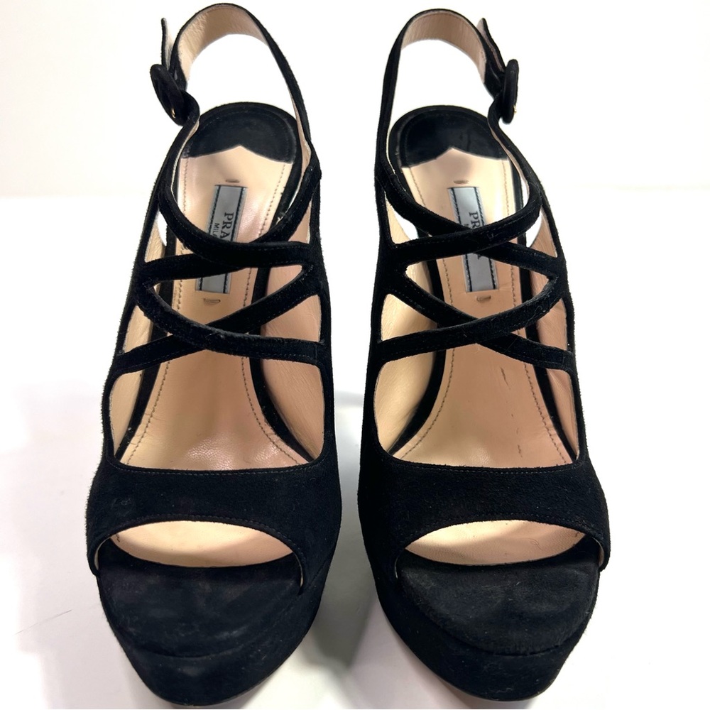Prada Black Suede Platform Slingback Sandals Size 37.5 - Picture 5 of 12